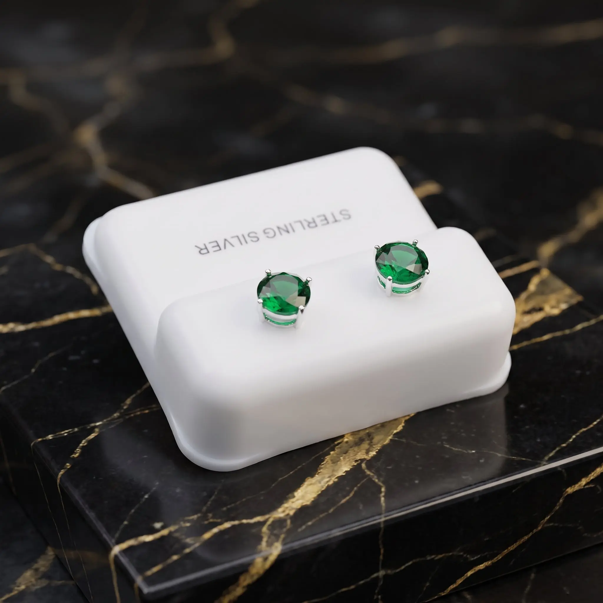 Emerald Green Cz Earrings Round 925 Sterling Silver 6mm
