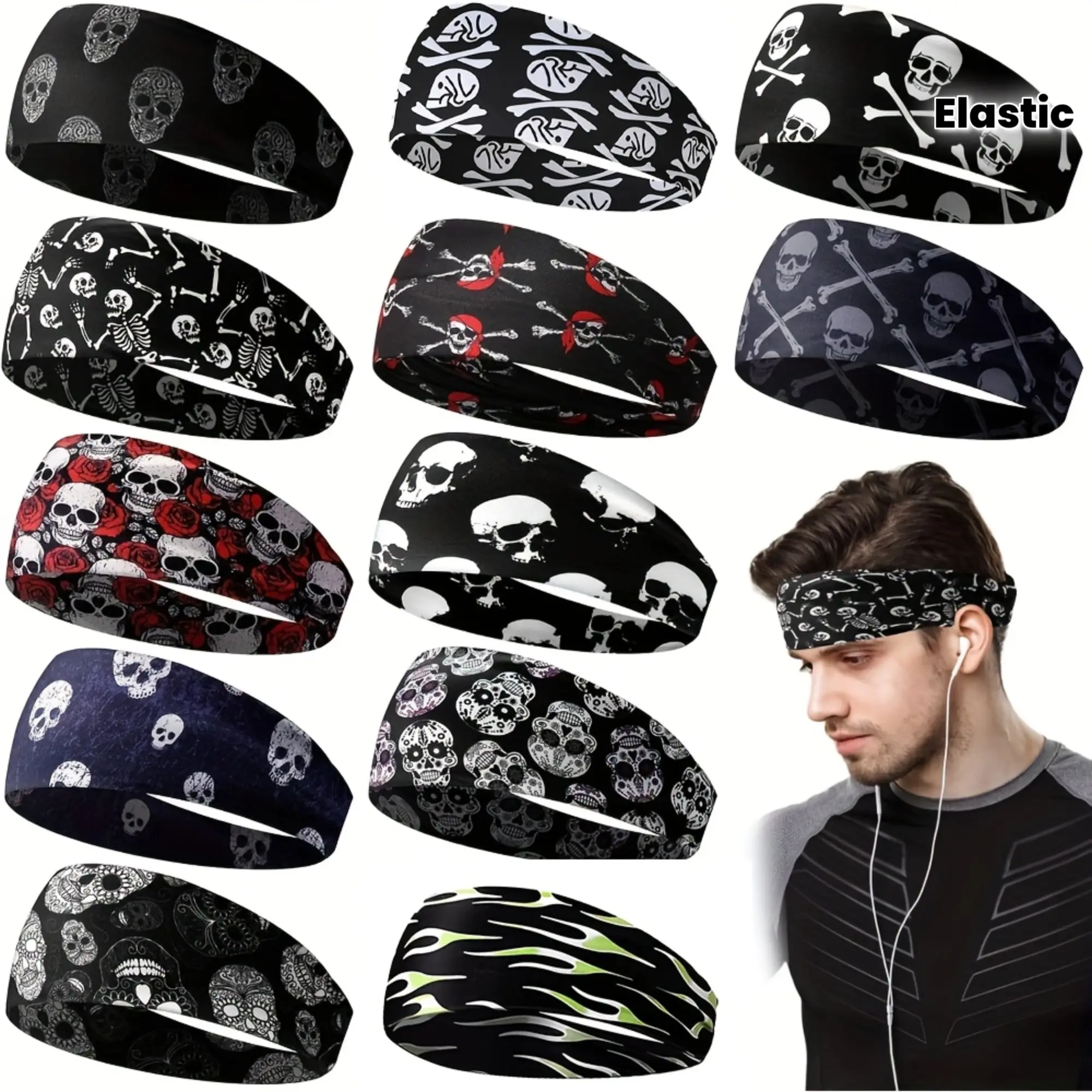 6 pattern and color options of unisex skull and crosshead sports headbands - moisture-wicking, elastic, suitable for running, cycling, yoga, jogging, tennis, and fitness workouts, sports headwear, yoga headbands
