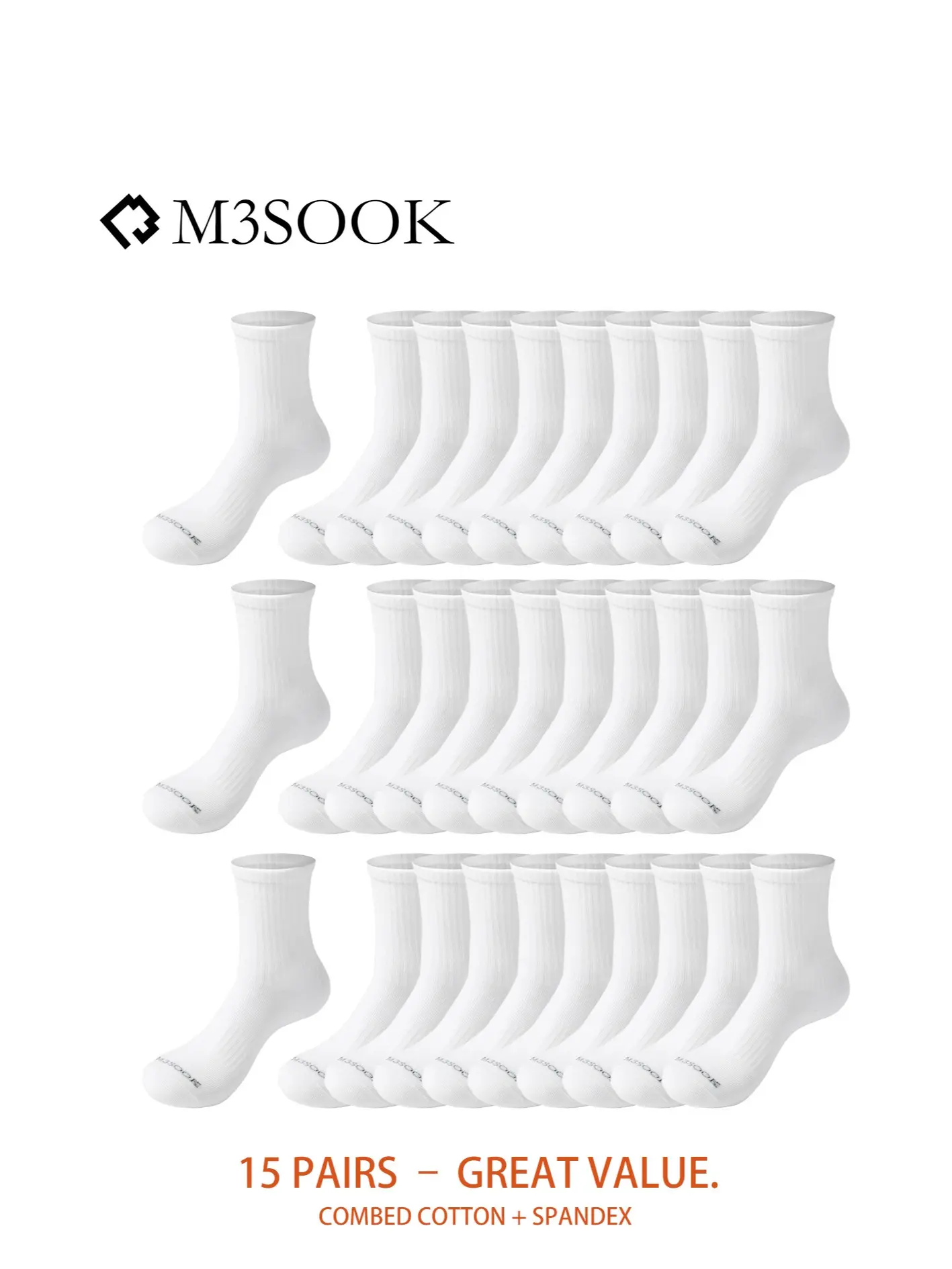 15-Pack Unisex White Mid-Calf Socks | Combed Cotton Spandex Blend, Moisture-Wicking & High Stretch, Ideal for Sports Training & Casual Daily Outfits