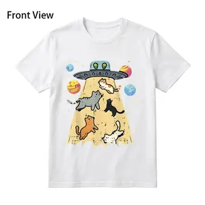 Retro Cartoon UFO Cat Kidnapping Pattern T-Shirt |   Colorful planets, playful cats and alien eyes in an imaginative design. Short sleeves, round neck, lightweight and breathable. Perfect for casual outings and sci-fi enthusiasts. |   Fun pattern T-shir