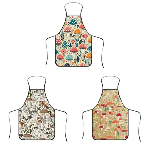 Linen Sleeveless Apron with Artistic Mushroom Print, Ideal for Home Chefs and Bakers, Stylish for Kitchen and Dining