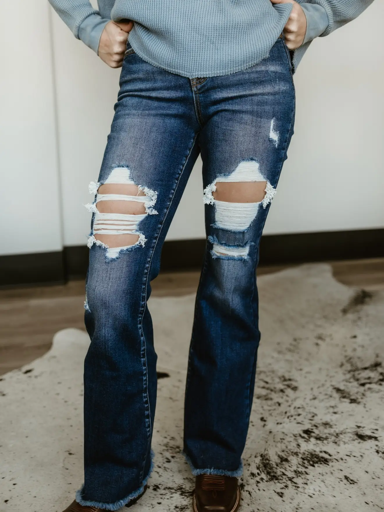Dani Morgans Risen Acid Wash Tummy Control High Rise Distressed Flare Jeans- Medium Acid Wash Comfort Denim
