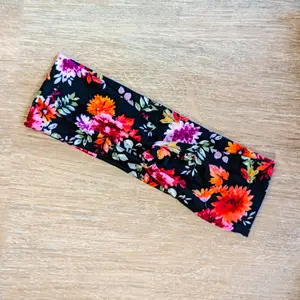 Black with Orange and Pink Flowers Knotems Pre-Tied Headwrap Headbands for Women & Girls