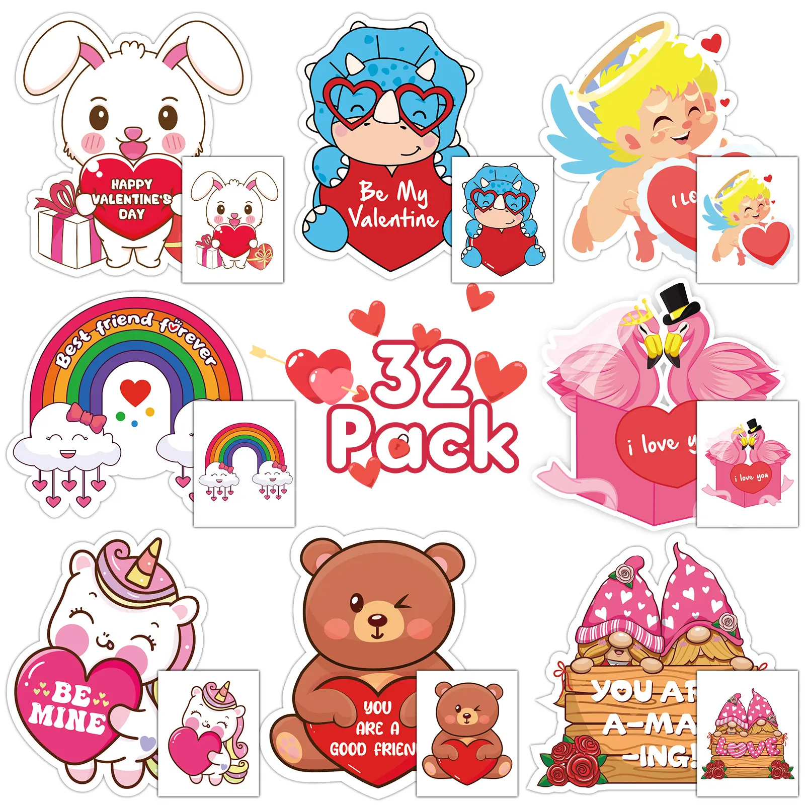 32 Pack Valentines Card for Classroom, Classic Valentines Cards with Tattoos Envelopes, Happy Valentine Cards for School, Party Exchange Favors Gifts for Boys Girls