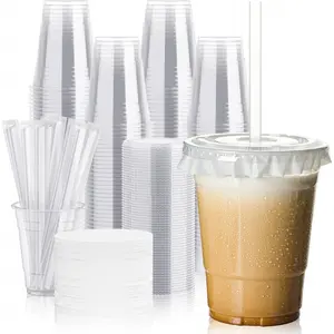 100 Pack 16 oz Clear Plastic Cups with Lids and Straws, Disposable Iced Coffee Cups with Lids for Smoothies, Milkshakes, Cold Drinks, Includes Paper Lid Liners