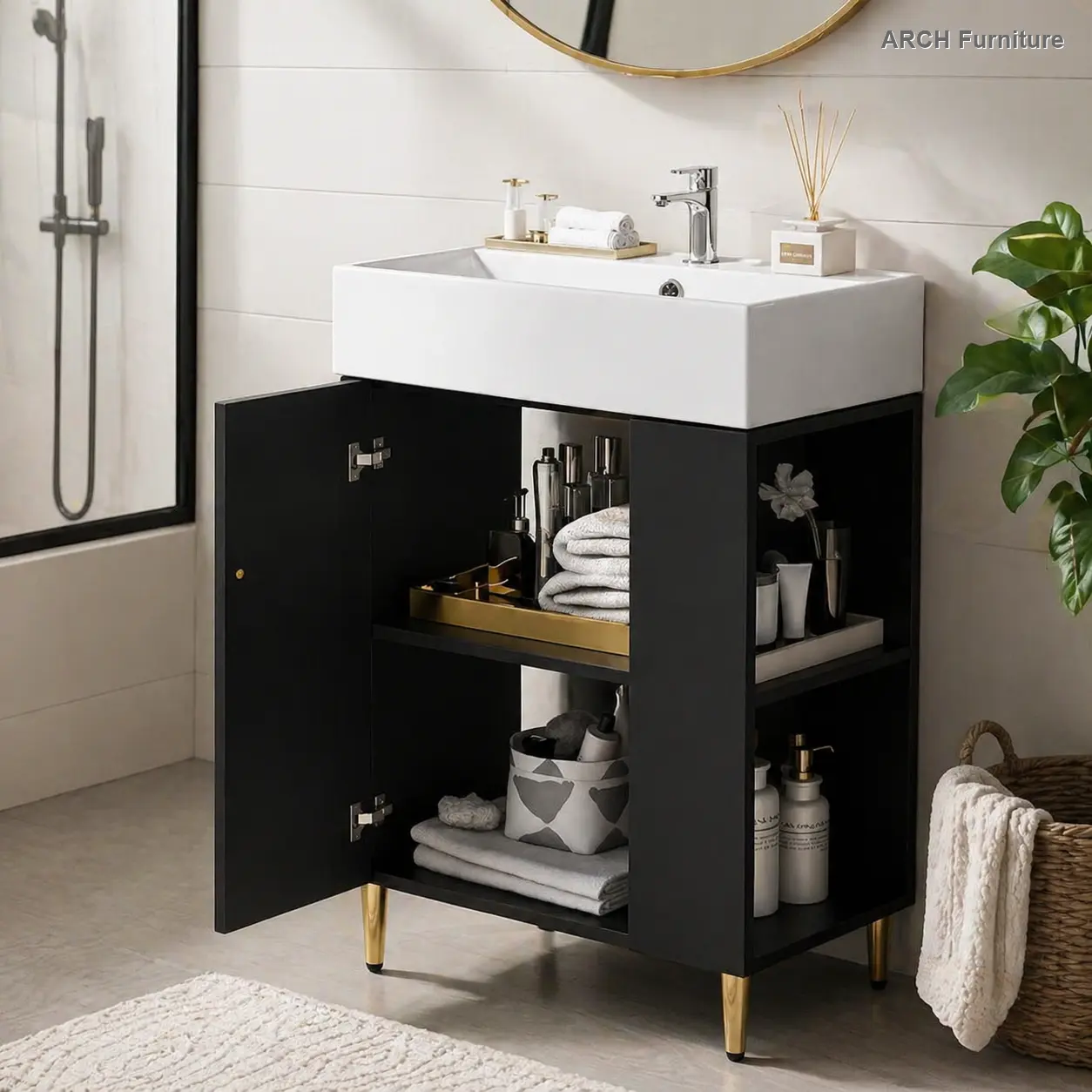 21.6" Width Modern Compact Black Floor-Mounted Bathroom Vanity - Textured Face, Single Rectangular Ceramic Sink, Right-Side Bathroom Cabinet Storage, MDF Base, Metal Legs