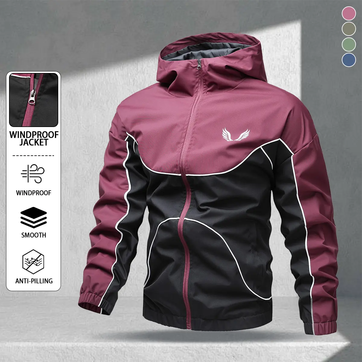 Men's burgundy and black color-block hooded windproof jacket with wing print, outdoor casual outerwear with full zipper