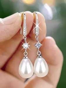 Elegant Teardrop Pearl Dangle Earrings with Crystal Accents – Classic Jewelry Gift for Women, Wedding, Party & Daily Wear