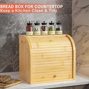 Bamboo Bread Box for Kitchen Countertop, Double Layer Roll-top Bread Storage Boxes Food Keeper With Adjustable Middle Shelf Containers Utensils