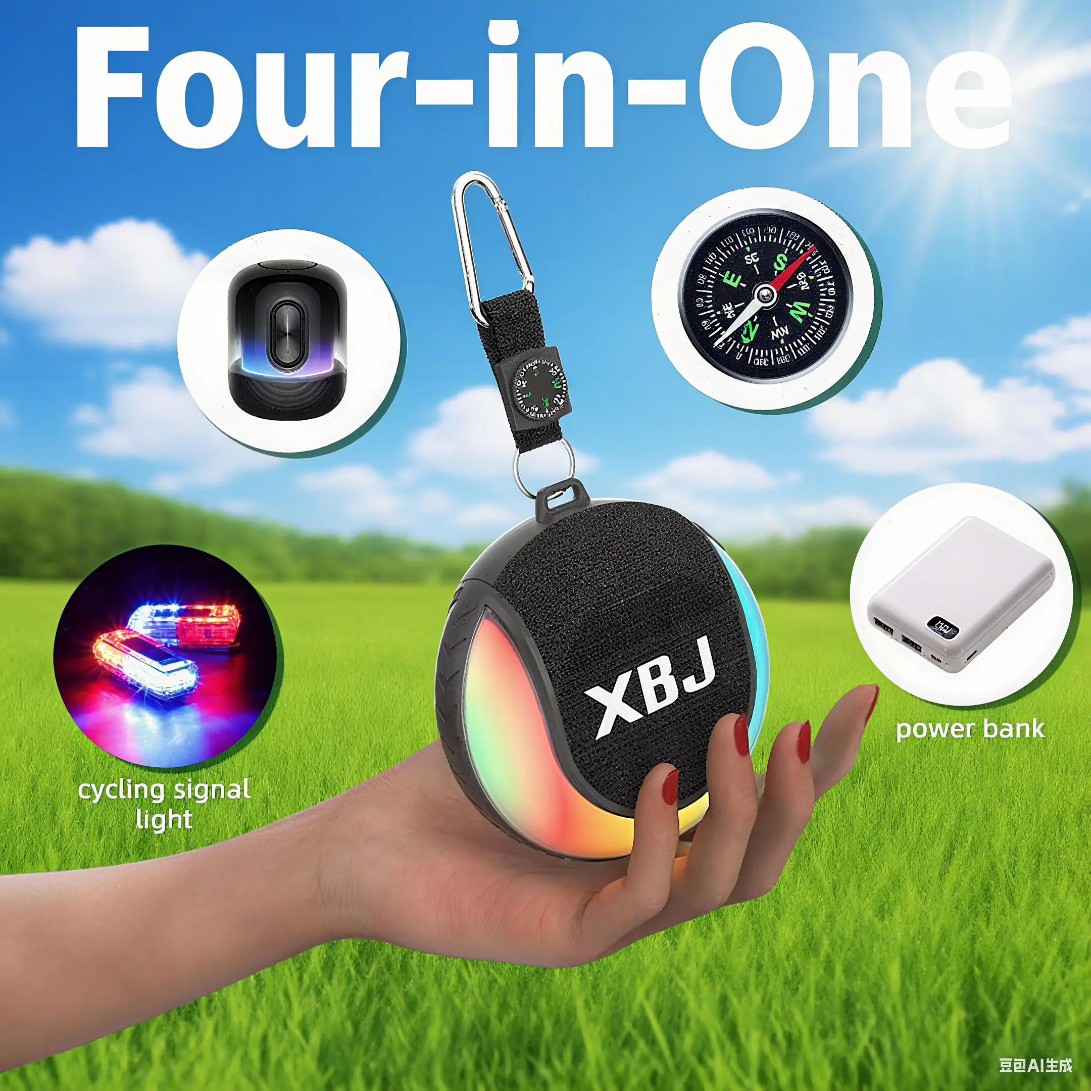 XBJ Mini Outdoor Bluetooth Speaker With LED Lights X7 Waterproof with a compass and emergency charging function, Hands-Free Speakerphone Portable -
