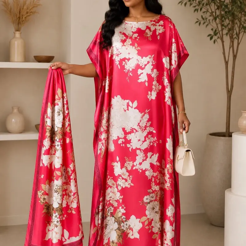 Elegant Floral Moo Moo Kaftan Maxi Dress with Matching Head Scarf | One Size Fits Most