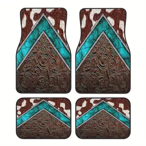 Set of 4 Car Mats Featuring a Western Cowboy Design with Cowhide And Turquoise, Perfect As a Gift.These Durable Floor Mats, Car Interior Accessory, Are Suitable for Trucks, Cars, And Suvs
