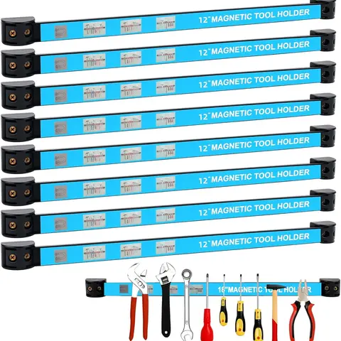Sturdy Heavy-Duty Magnetic Holder Set - 8 Tool Holders, 12 Inch Strip, Hooks & Rails, Construction Tool Organizer for Indoor Garage Storage with Secure Grip