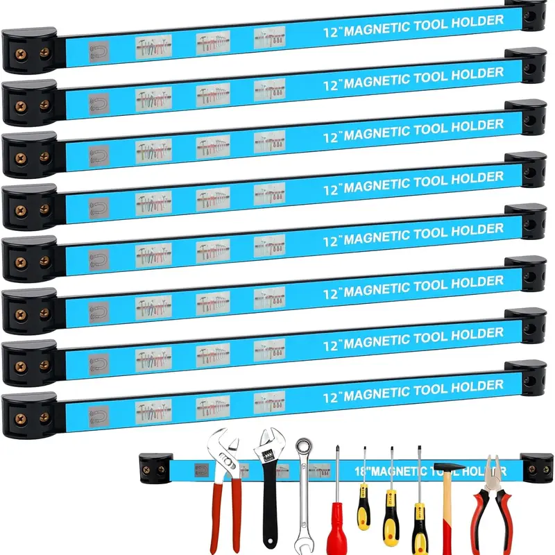 Sturdy Heavy-Duty Magnetic Holder Set - 8 Tool Holders, 12 Inch Strip, Hooks & Rails, Construction Tool Organizer for Indoor Garage Storage with Secure Grip