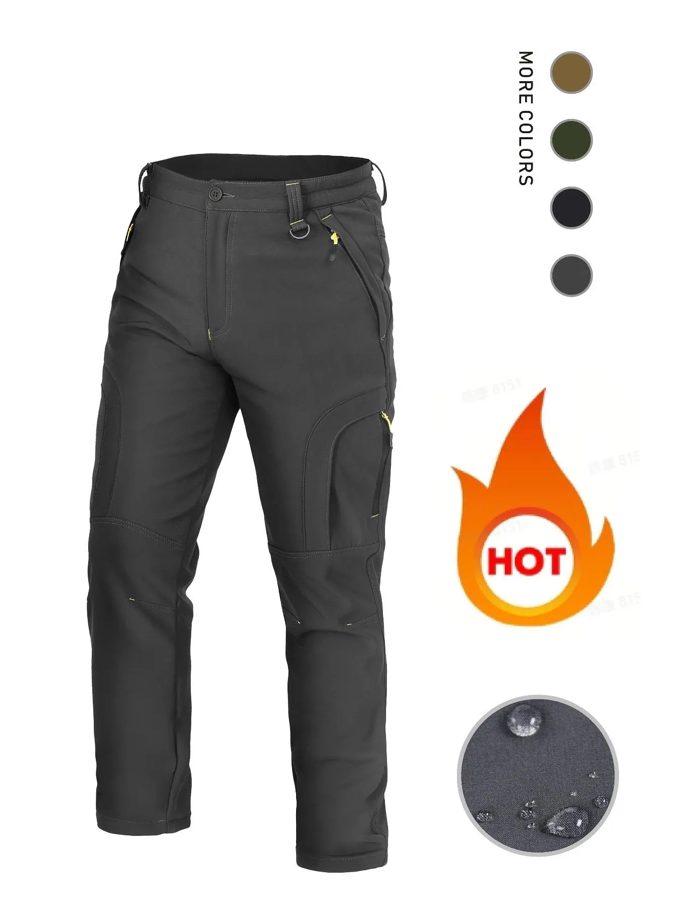 Men's Solid Pocket Zipper Waterproof Thermal Lined Pants, Regular Fit Casual Comfy Button Fly Trousers for Fall & Winter, Men's Bottoms for Daily Wear, Casual Sporty Trousers, Casual Outdoor Trouser, Casual Fitted Pockets