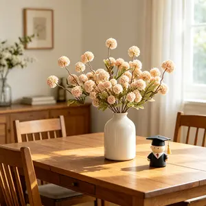5/10/15Pcs White & Champagne Peach Faux Snowball Pom Pom Chrysanthemum, Artificial Flowers for Graduation Party Centerpiece, Father’s Day Dinner Table, Summer Home Arrangement & Pre-July 4th Wedding Decor