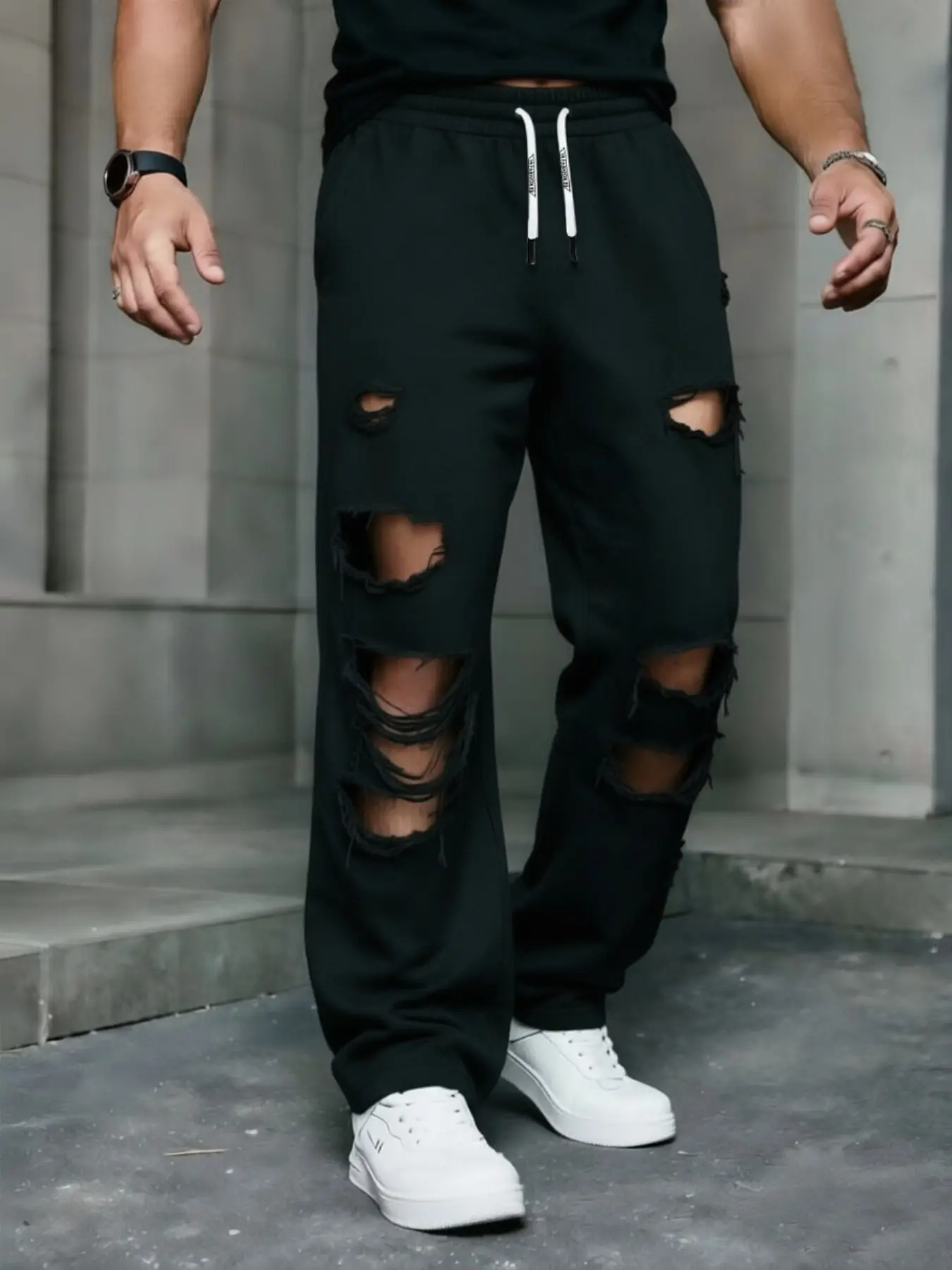 Vintage American Style Heavy-Duty Ripped Sweatpants, Streetwear Versatile Sportswear, Drawstring Waist Loose Wide Leg, Must-Have Trendy Pants, Sports Casual Pants, Sports Bottoms