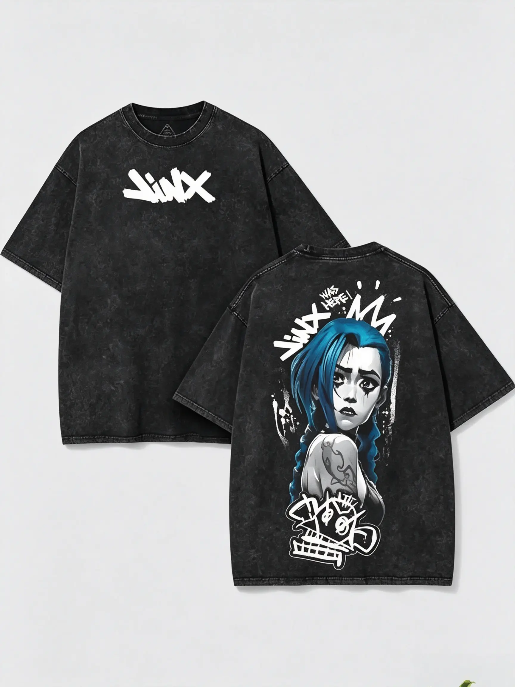 heavy cotton gift,Vintage Acid Wash Jinx Double Sided Graphic Tee Arcane Cartoon Oversized Unisex Y2K Grunge Streetwear Short Sleeve T-Shirt