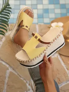 Women's Summer Wedge Sandals, Thick Sole Soft PU Leather Slippers, Outdoor Wear, Plain Pattern, Rubber Sole, Less Than Ankle Height