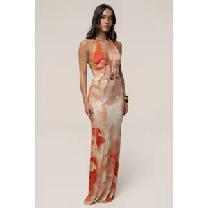 Orange Floral Blossom Print Maxi Dress