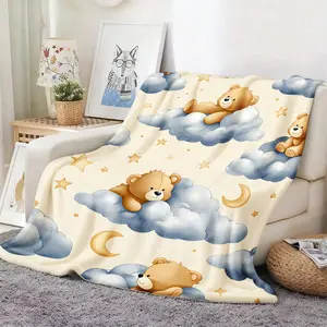 1Pc Teddy Clouds & Stars Print Flannel Bedspread - Soft Cozy Bed Cover Suitable For Room, Dorm,, All-Season Comfortable Bedspread, Machine Washable Contemporary Bedspread