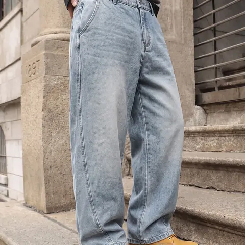 Baggy Jeans Men, Vintage Washed Wide-Leg Denim Pants, Soft Fabric Elastic Waist with Button-Zipper Fly, Loose Fit Streetwear Style, Relaxed Jeans, Blue Jeans, Size 28 Jeans, Streetwear Jean, Baggy Fit, Daily Casual Wear for Men, Retro Style,denim clothing