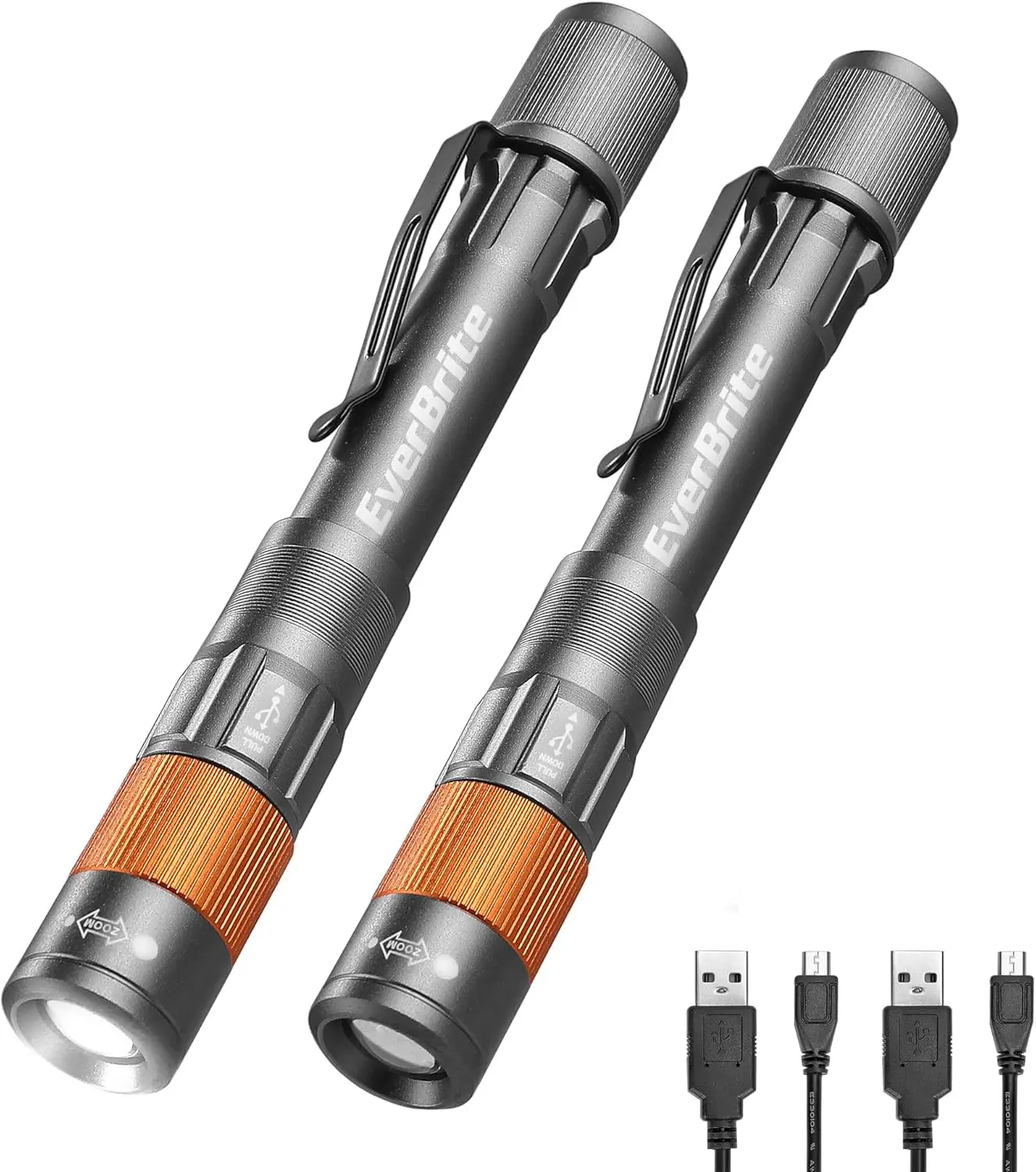 2-Pack Battery-Powered Handheld Standard Torches - Rechargeable EDC Pen LED Lights, 300 Lumens, Adjustable Zoomable, Portable Mini, Pocket-Sized with Clip, Memory Mode, USB-C Cable Included, for Camping, Emergency (Gray)