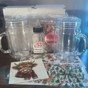 20 oz Snowglobe Start Kit Included- 2 acrylic mason jars- 2 bags of 1.5 oz Glitter- 1 magic solution 16 oz- 1 Mini funnel, 3 uvdtf mixed decal & wraps. for DIY Projects