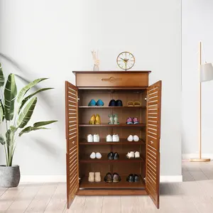 Brown Bamboo 5-Tier Shoe Cabinet with 1 Drawer 2 Doors - 66x33.5x102cm Multi- Multi-Purpose Home Storage
