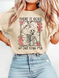 Women's Skeleton & Floral Print Round Neck Graphic Tee, Vintage Trendy Casual Drop Shoulder Short Sleeve T-shirt for Daily Wear, Ladies Fall & Winter Outfit