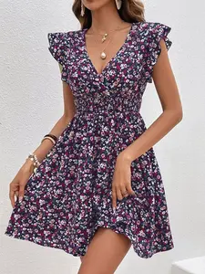 Ditsy Floral Print Ruffle Trim Dress Summer Vacation Flower Beach Holiday Resort