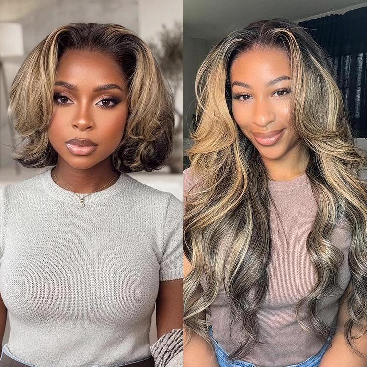 Arabella 100% Human Hair Lace Frontal Wig, 13x6 Glueless Dark Roots Honey Blonde Balayage, Body Wavy Wigs with Highlights, Pre-Cut Loose Waves, Beginner Friendly, Human Hair Highlights