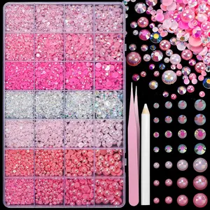22000 Pcs Pink Flatback Pearls and Rhinestones Bedazzling Kit, Resin Rhinestones Gems for Crafting, Mixed Size Half Pearls Gems for Nails Face Eyes Makeup Bottles Shoes DIY Crafts