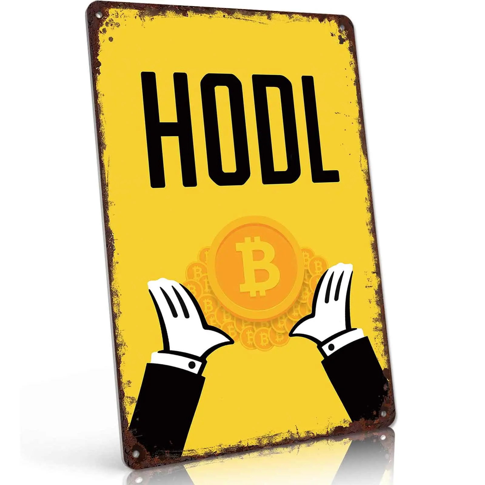 HODL Crypto Bitcoin Aluminium Tin Sign - 8x12in Lightweight Vintage Yellow Retro Plaque, Mount-Hangable Home Bar Room Wall Decor, Gift for Crypto Enthusiasts
