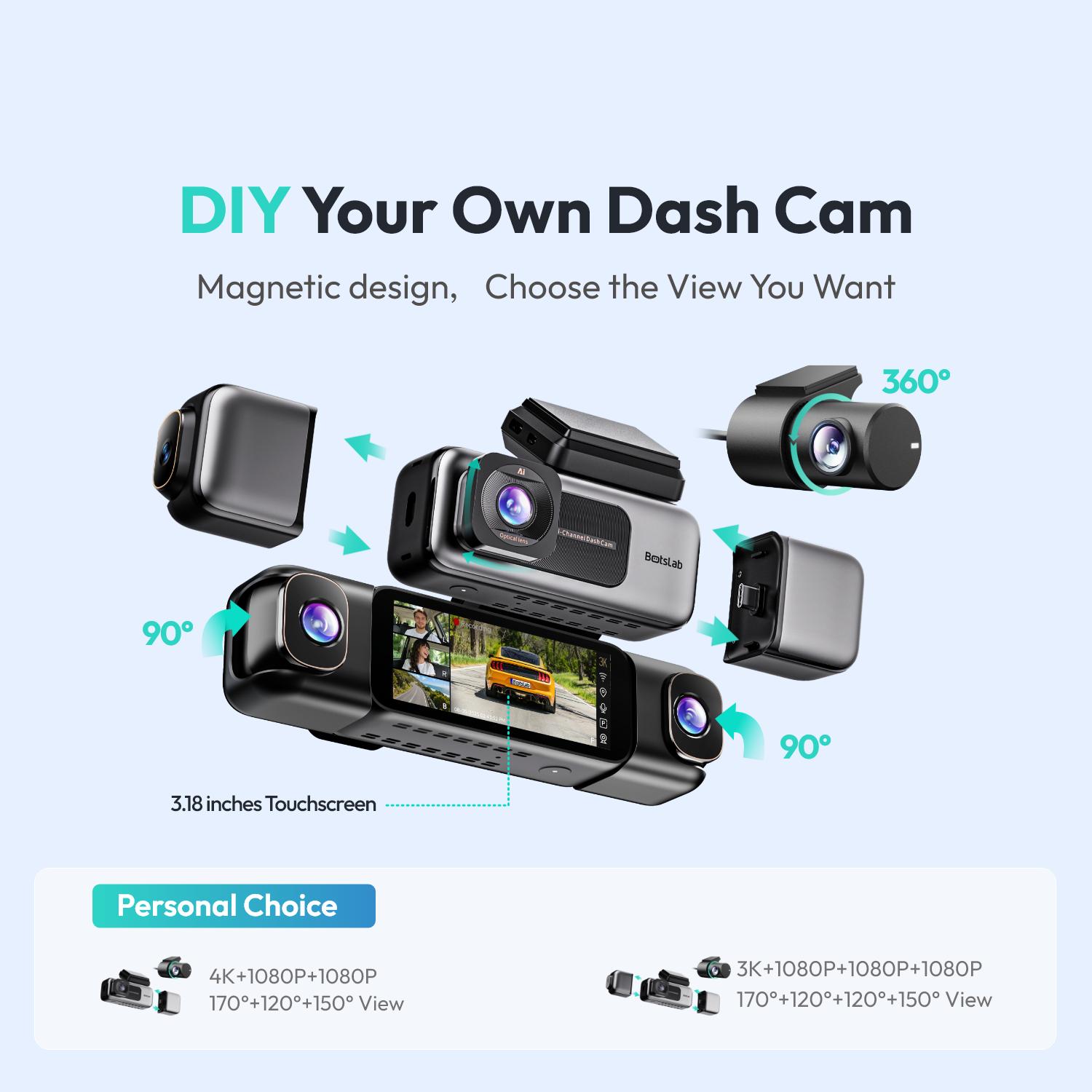 Botslab 3K 4 Channel Dash Cam with 3.18&rdquo; Touch Screen, 24/7 Parking Mode, Built-in GPS, 5.8G WiFi, Night Vision, Voice Control, 128GB Card, Rear Camera Monitor Touchscreen Dash Cam Car Dvr,car accessories