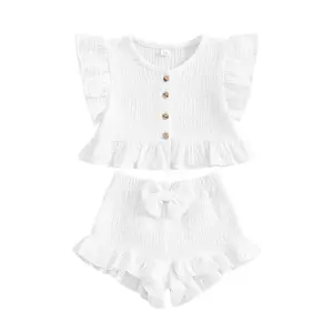 Toddler Baby Girl Summer Clothes Ruffle Sleeveless Buttons Shirt Tank Tops Bow Bloomers Shorts Set Cute Two Piece Outfits