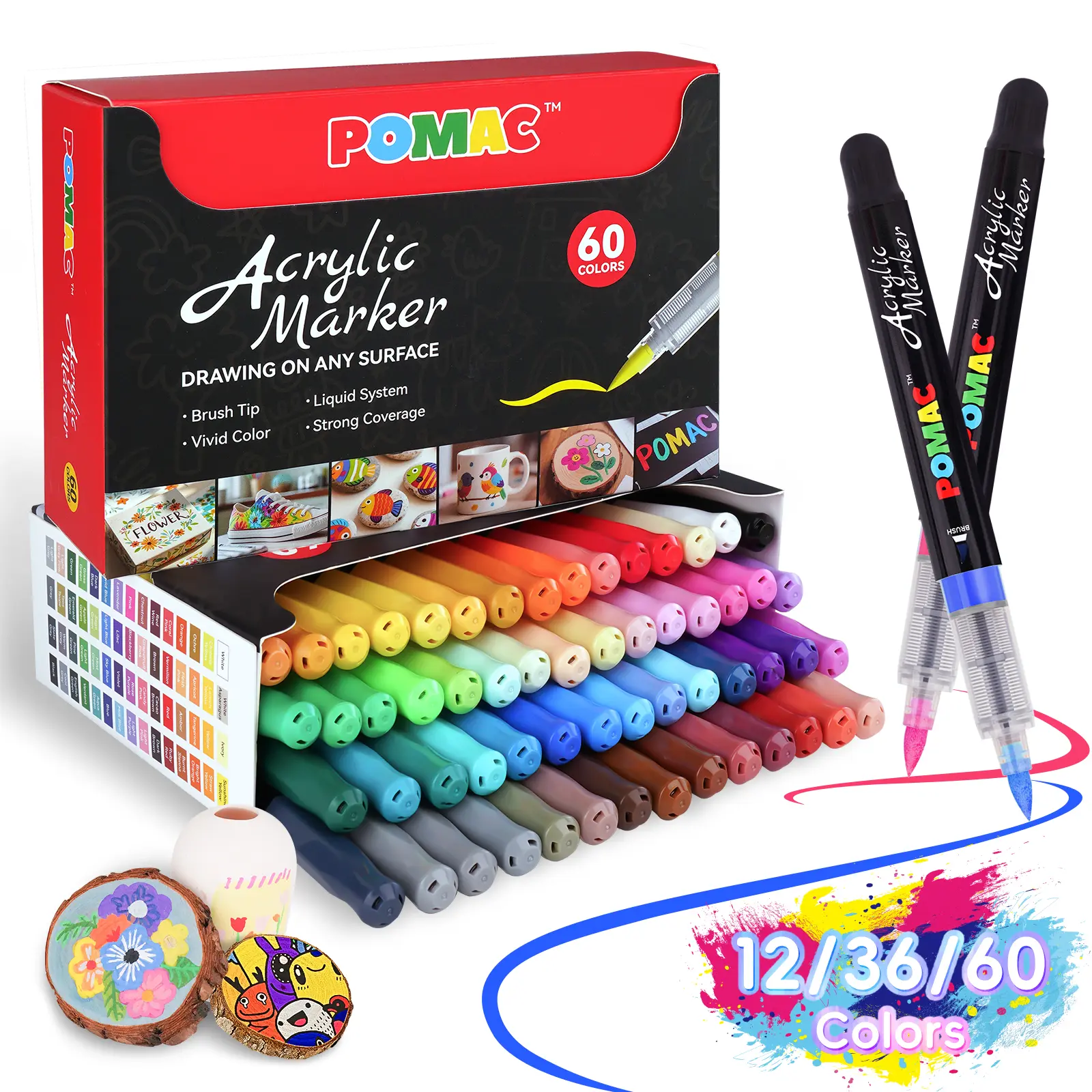 POMAC Brush Tip Acrylic Paint Markers, Assorted Colors, Waterproof Ink, Strong Coverage Office Stationery Writing Tools for Artists, Back to School Supplies