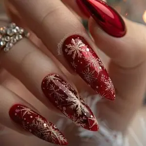 Long style, detachable, glossy, ballet-shaped, gold, snowflake, gold-plated, red, pattern, 24 pieces, nail art stickers, detachable, wearable nails, fake nails, stick-on fake nails, DIY, gel type, press-on fake nails