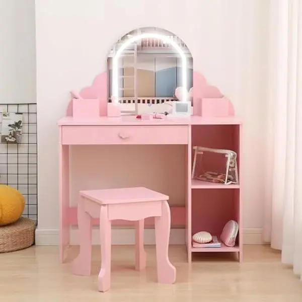 GARVEE Children's Lighted Dressing Table Set with LED Mirror,2 in 1 Little Girls Vanity Table & Stool,Makeup Desk with Drawers and Open Shelves,Kids Vanity and Study Desk for Bedroom Playroom,Pink