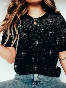 Women's rhinestone fitted tee, Streetwear, sparkling all day long. | #RhinestoneTee #SparklingStyle #WomenFashion