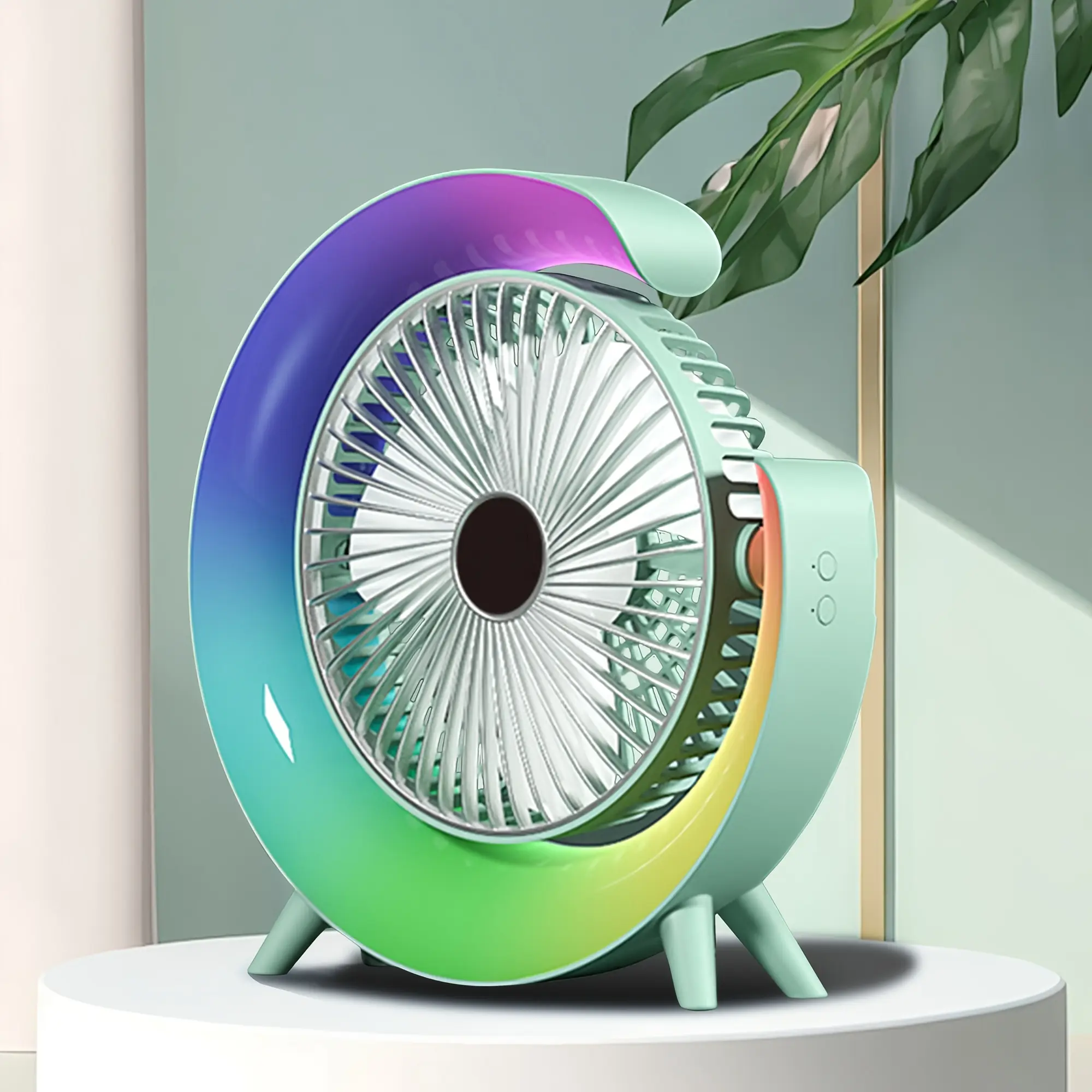Portable USB-Powered Cooling Fan with Color-Changing Ambient Lighting, Quiet 3-Speed, Compact for Dorm/Office Desk Use (Face Covering Mask Accessory)