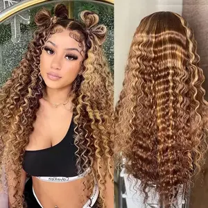 28 inch Honey Blonde&99J Burgundy Deep Wave Lace Front Wigs Human Hair Pre Plucked HD Lace Frontal Wigs with Baby Hair 180 Density 28 Inch