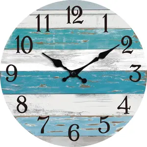 Wall Clock Battery Operated 10 Inch Outdoor Beach Style Blue Coastal Retro Silent Non Ticking Decorative for Bathroom Kitchen Living Room Bedroom