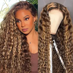 [427-28''+28''=139$]Honey Blonde Deep Wave Lace Front Wigs Human Hair 13x4 Highlight Ombre Curly Lace Front Wig Human Hair 180% Density HD Transparent Glueless Lace Frontal Wigs Pre Plucked
