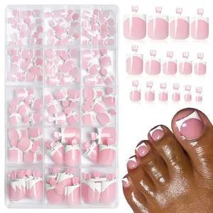 150pc White French Tips Press on Toenails Women Fake Toenail with Glue Tab, Pink Toe Nail Press ons Nails Short Square Fake Toe Nail Tips French Glue on Toenails Stick Acrylic Toes Nails Kit