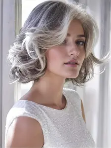 Elegant Women's Wig, Fluffy Layered Parting Bangs Short Curly Hair, Synthetic Wavy Curly, Easy to Manage, Suitable for Middle Aged Woman Daily Gatherings