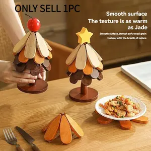 5Pcs Solid Wood Christmas Tree Coasters, Heat Resistant Anti-Scald Table Mats, Decorative Placemat Ornament Gift for Home Kitchen