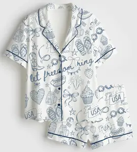 Women’s 4th Of July Let Freedom Ring Patriotic American Party Short Sleeve Silky Satin Pajama Set for Adult & Youth, 4th of July Satin Set, USA 250th Anniversary PJs with Design, Cute Graphic Nightwear (no pocket)