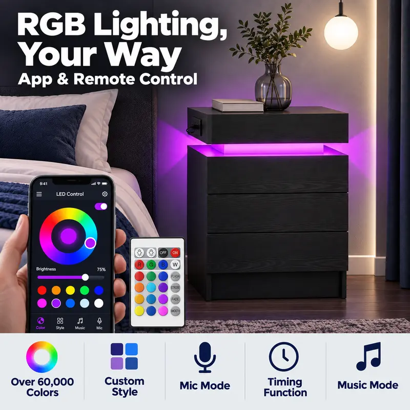 LIKIMIO Nightstand with Charging Station & LED Lights, Modern Bedside Table with 2- or 3-Drawer Options, Sliding Top, Standard Top or Lockable Top Drawer, End Table for Bedroom & Small Spaces Nightstand With Drawers LIKIMIO Nightstand with Charging Station & LED Lights, Modern Bedside Table with 2- or 3-Drawer Options, Sliding Top, Standard Top or Lockable Top Drawer, End Table for Bedroom & Small Spaces Nightstand With Drawers