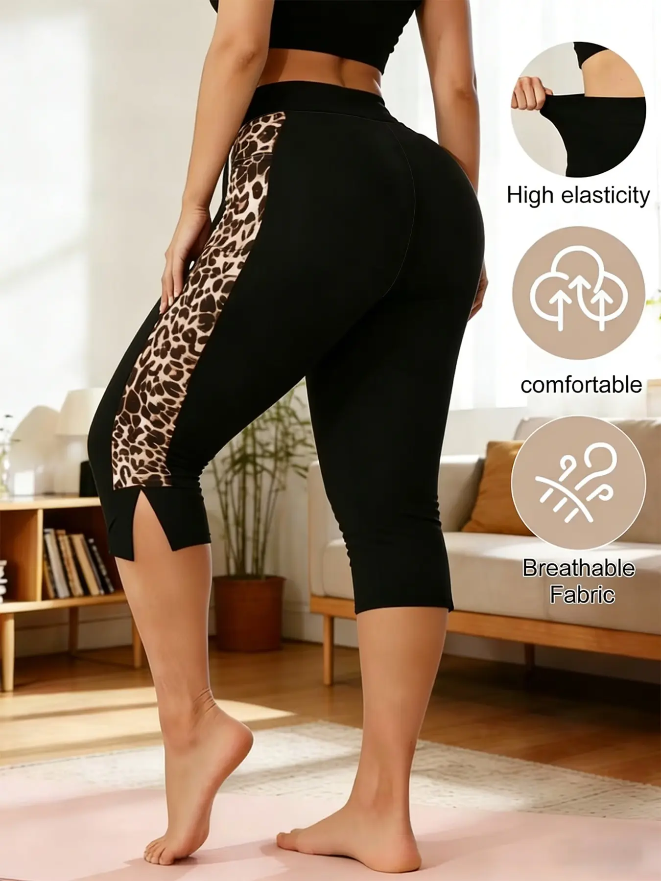 Women's High Elasticity Seven-Quarter Tight Pants, Side Pockets, Leopard Print Patchwork, Split Thigh Design, Soft Stretch Fabric